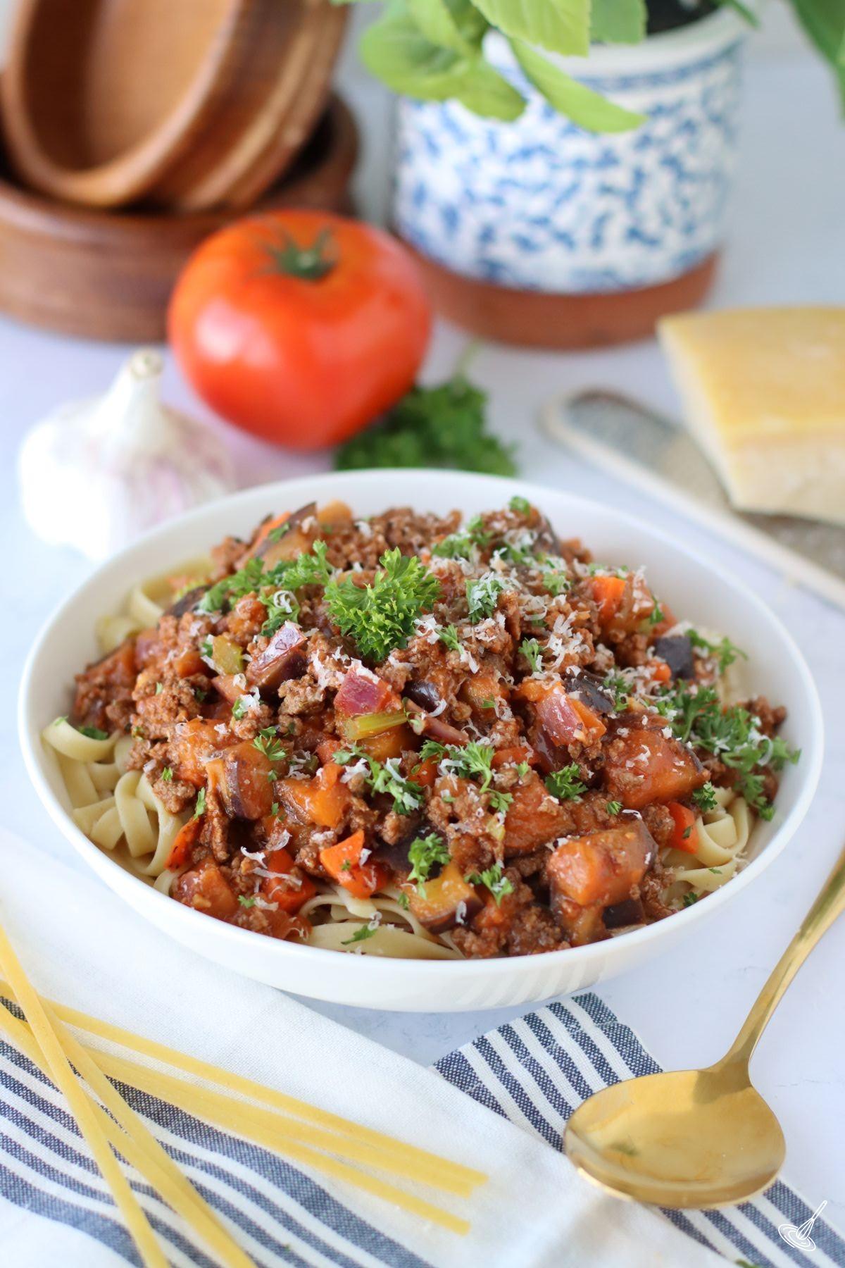 Aubergine Bolognaise pasta in a bowl. 