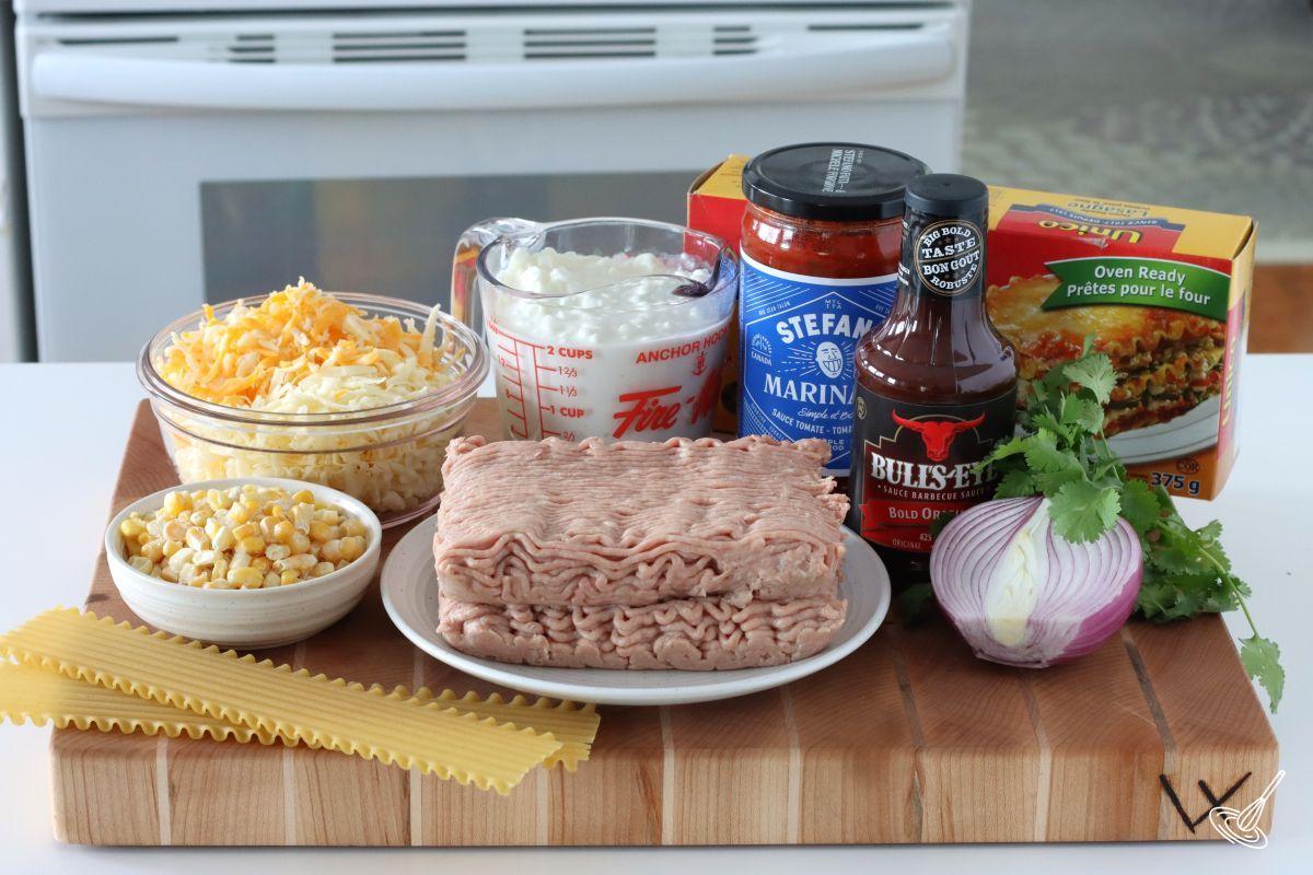 Ingredients on a cutting board to make Barbecue Turkey Lasagna.