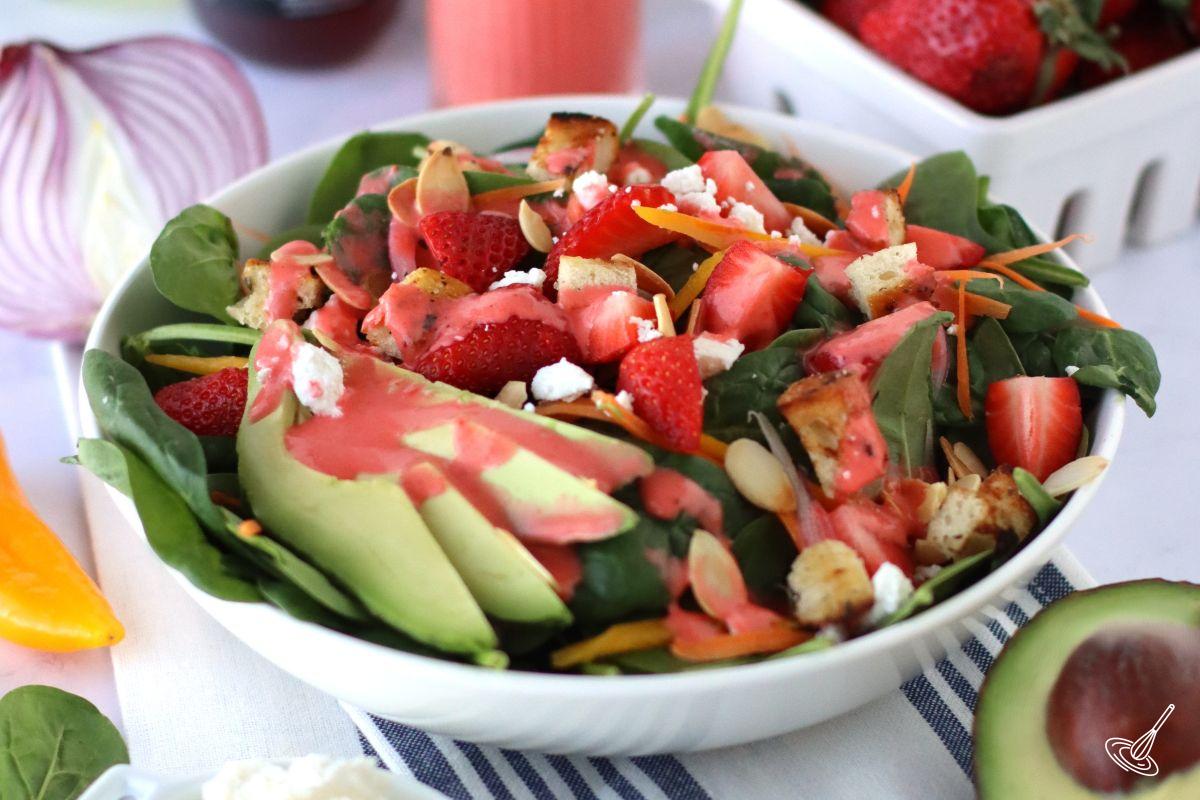 Strawberry Dressing Spinach Salad in a bowl.