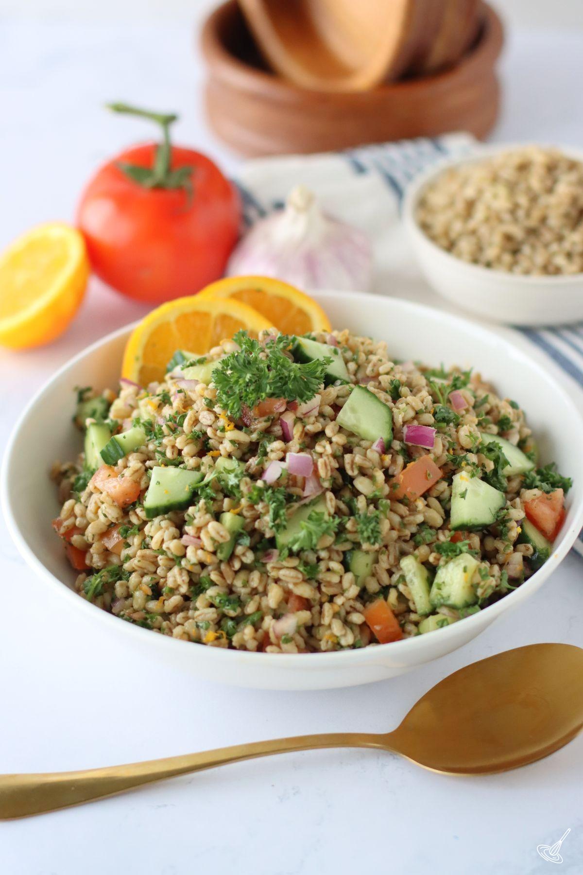 Barley Tabbouleh Salad in a serving bowl. 