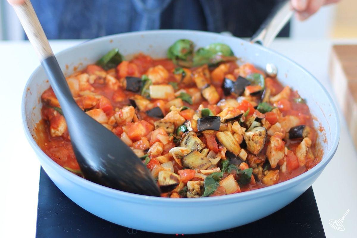 Aubergine and Chicken Pasta sauce in a large skillet.