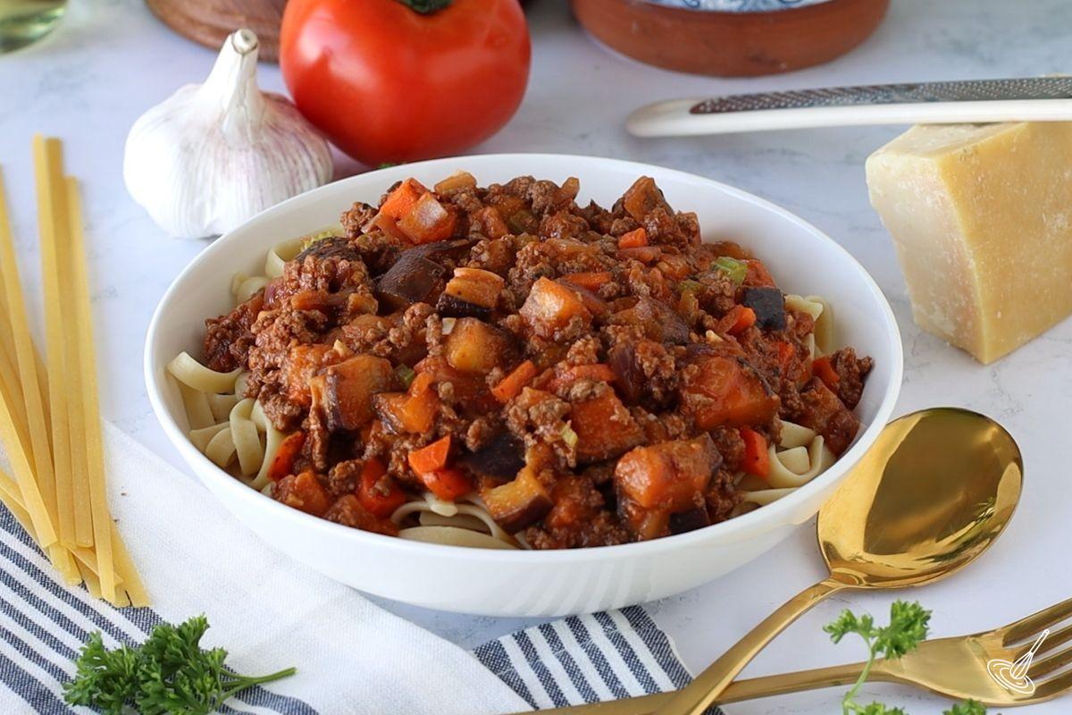 Aubergine Bolognaise pasta in a bowl.