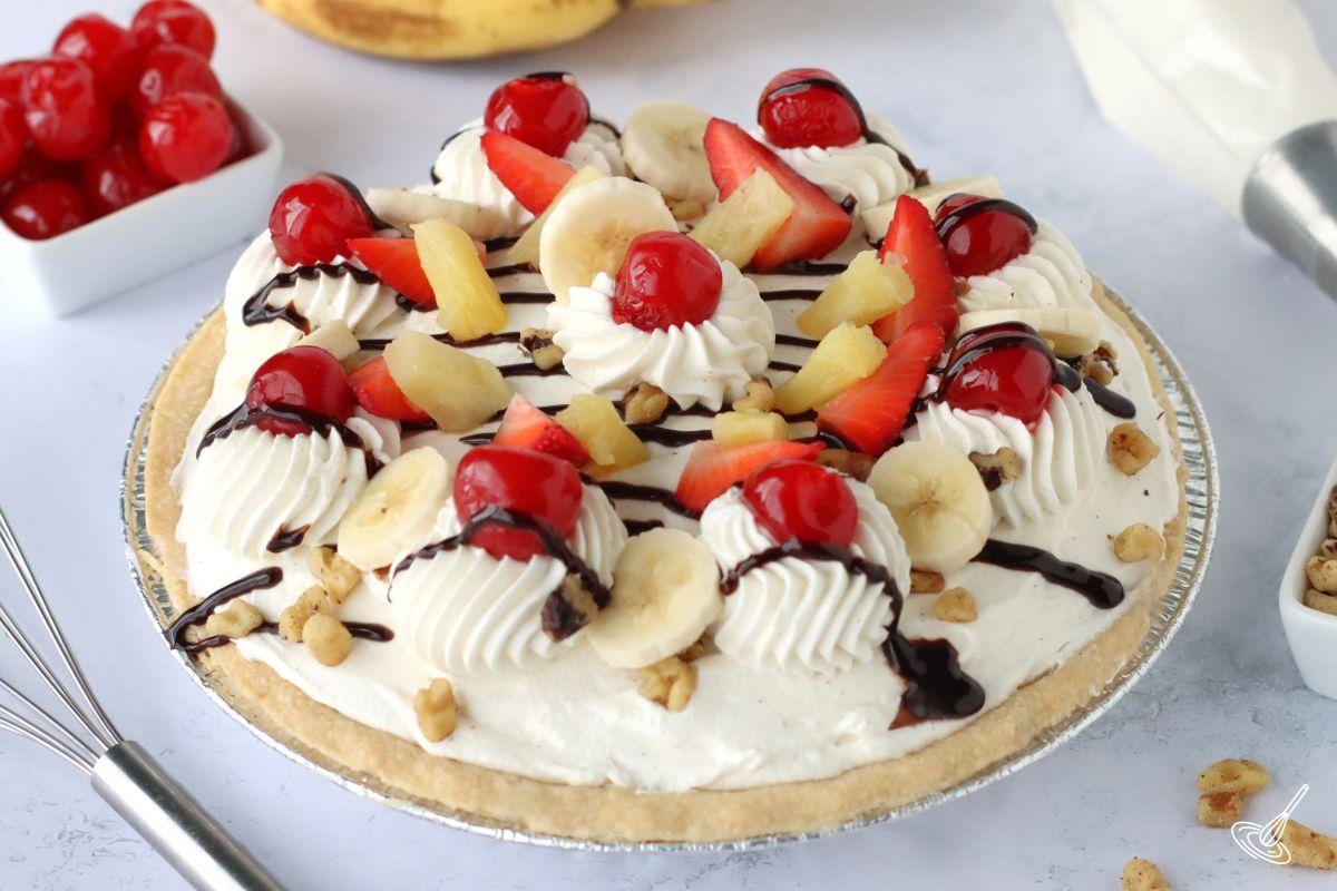 A finished Banana Split Pie on the counter. 