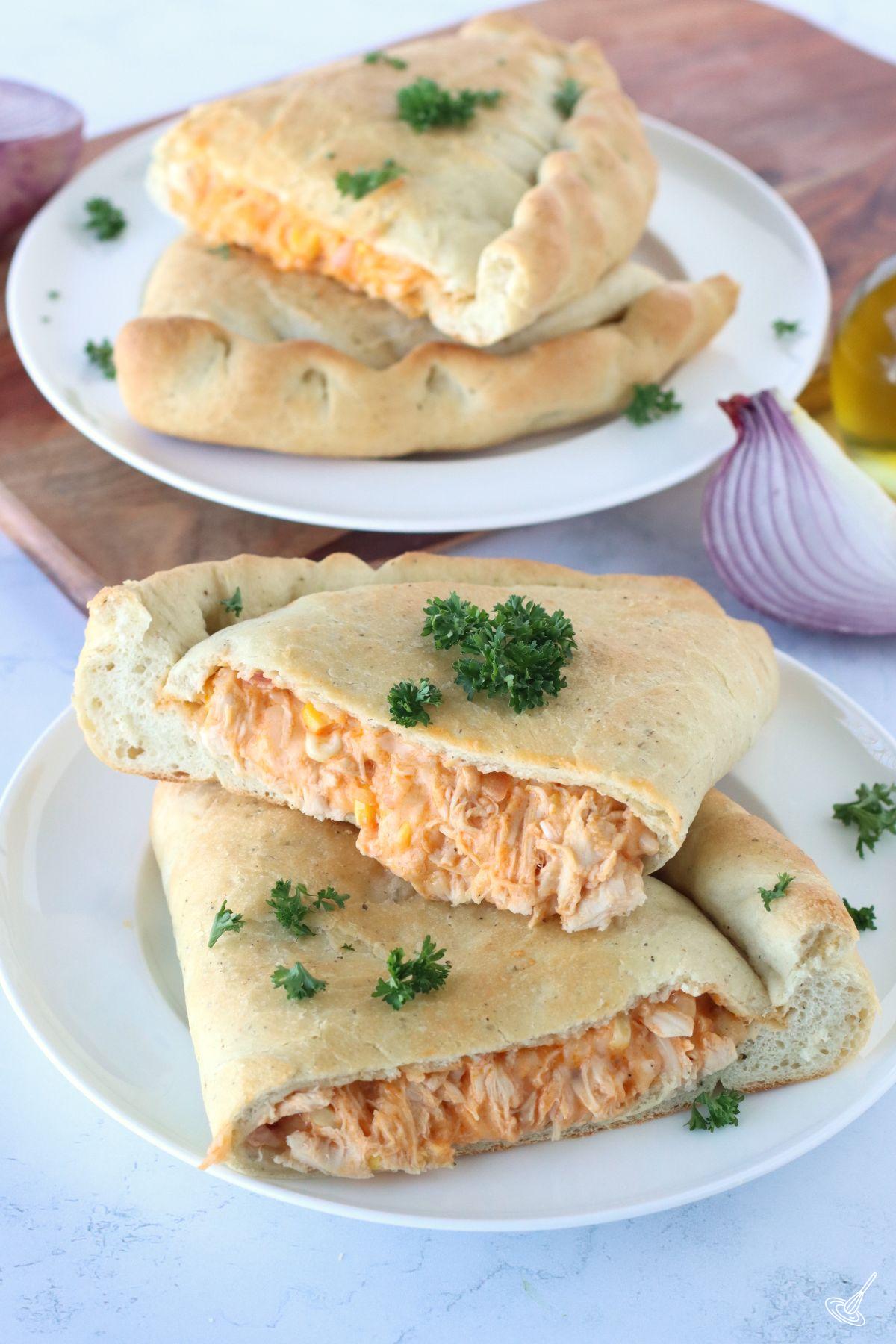 Buffalo Turkey Calzone on a plate.