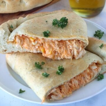 Buffalo Turkey Calzone on a plate.