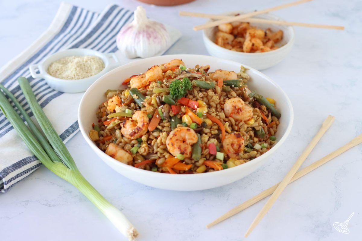 Barley Fried Rice in a serving bowl. 