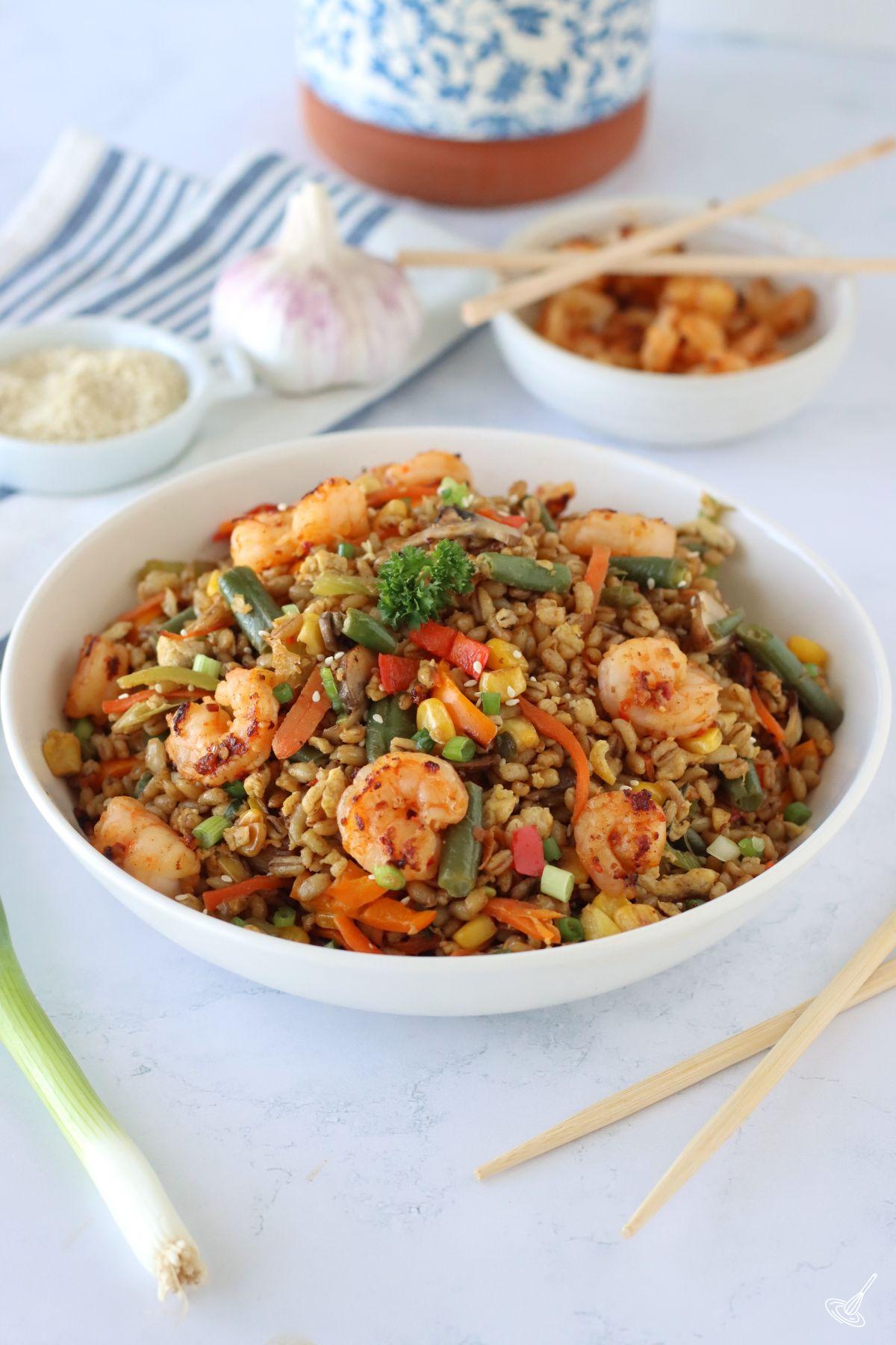 Barley Fried Rice in a serving bowl.