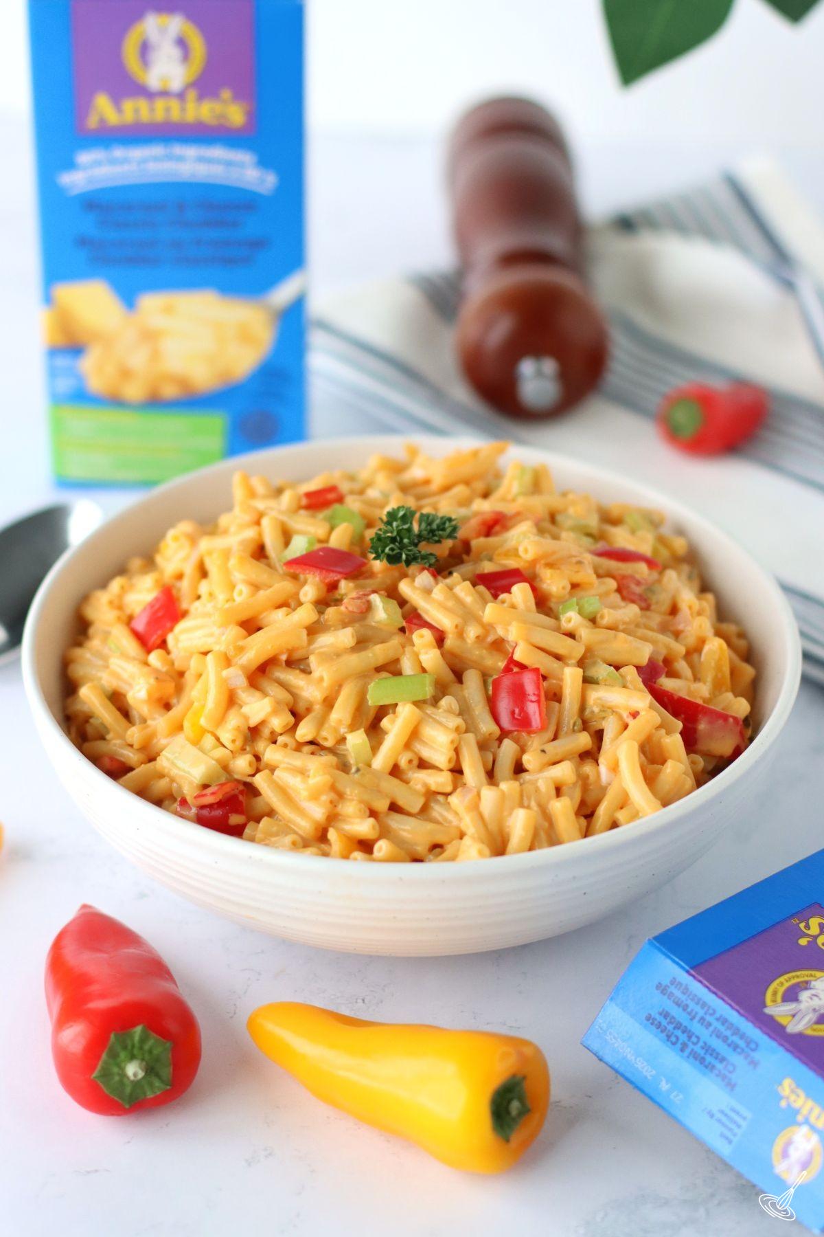 Cheesy Macaroni and Cheese in a white serving bowl.