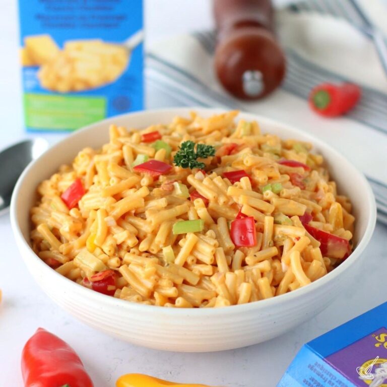 Cheesy Macaroni Salad in a serving bowl.