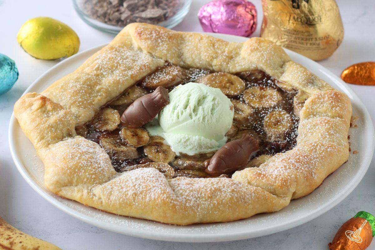Banana Chocolate Galette on a plate with a scoop of ice cream.