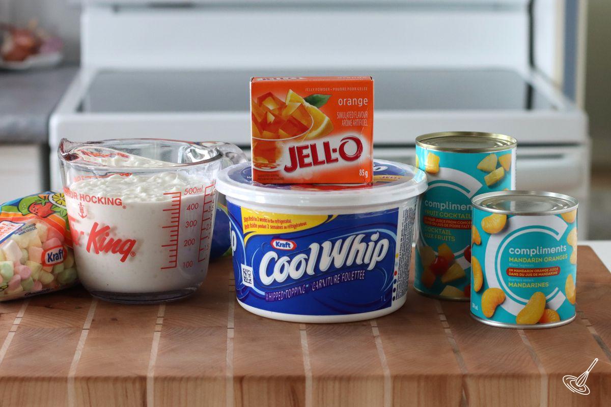 Ingredients on the counter to make a Orange Jello Cottage Cheese Salad.