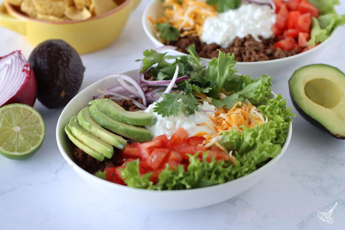 A cottage cheese taco bowl ready to eat. 