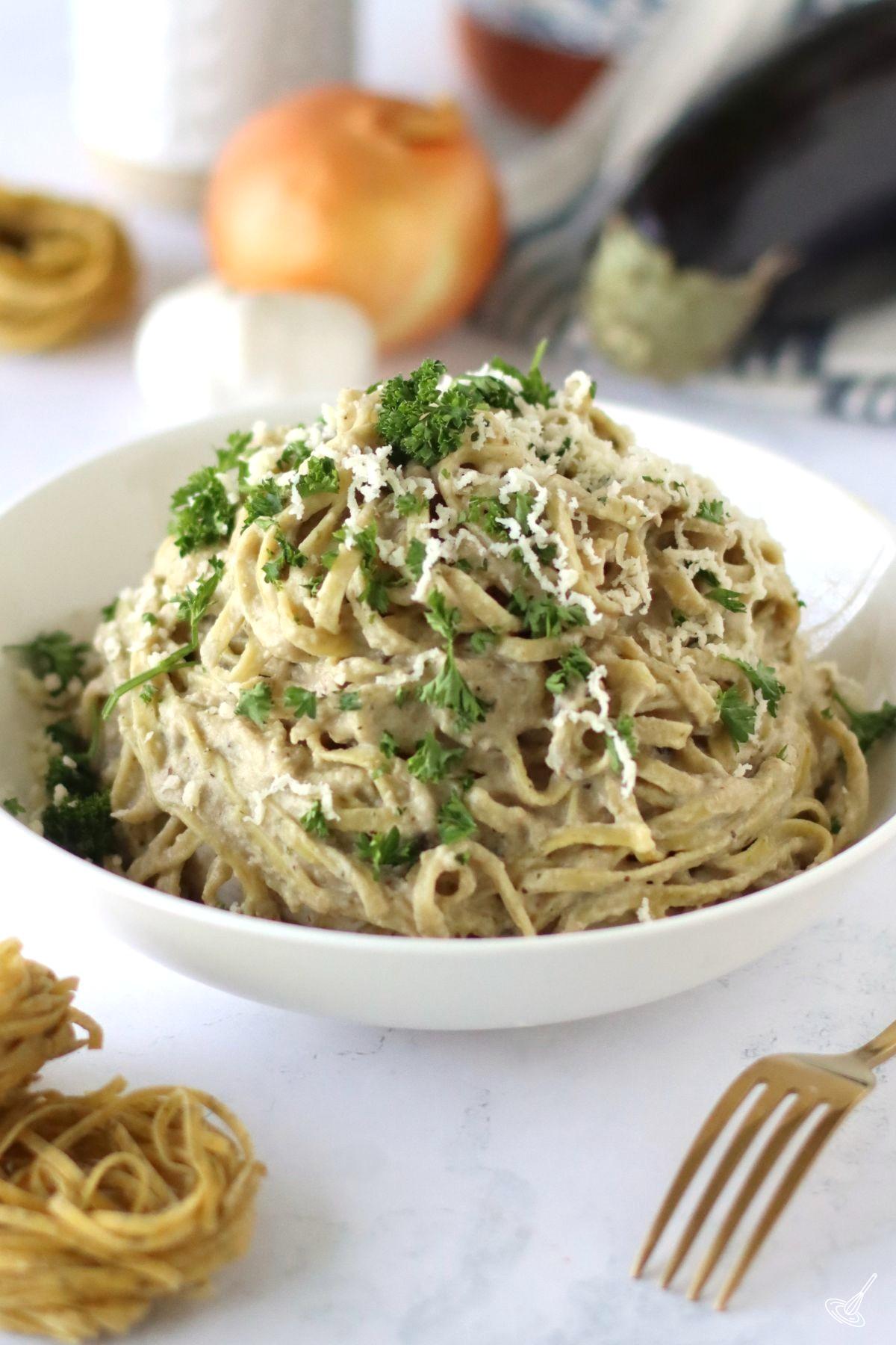 Aubergine Cream Pasta in a serving bowl.