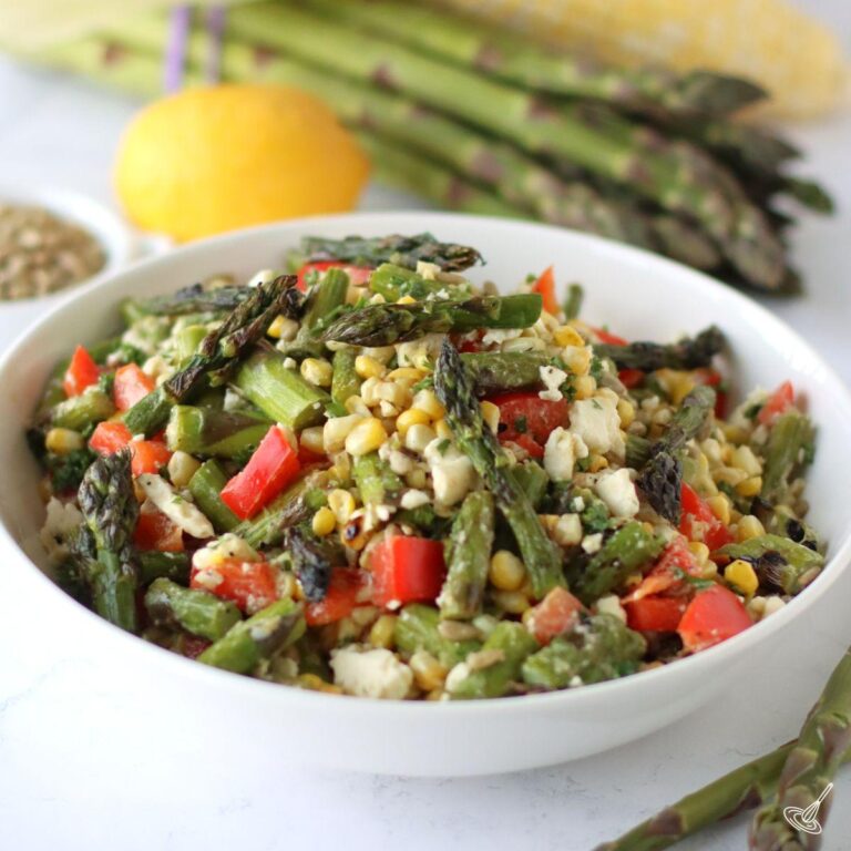 Roasted Corn and Asparagus Salad in a bowl.