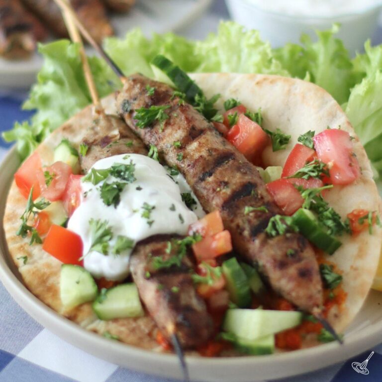 Ground Turkey Kofta Skewers in a pita.