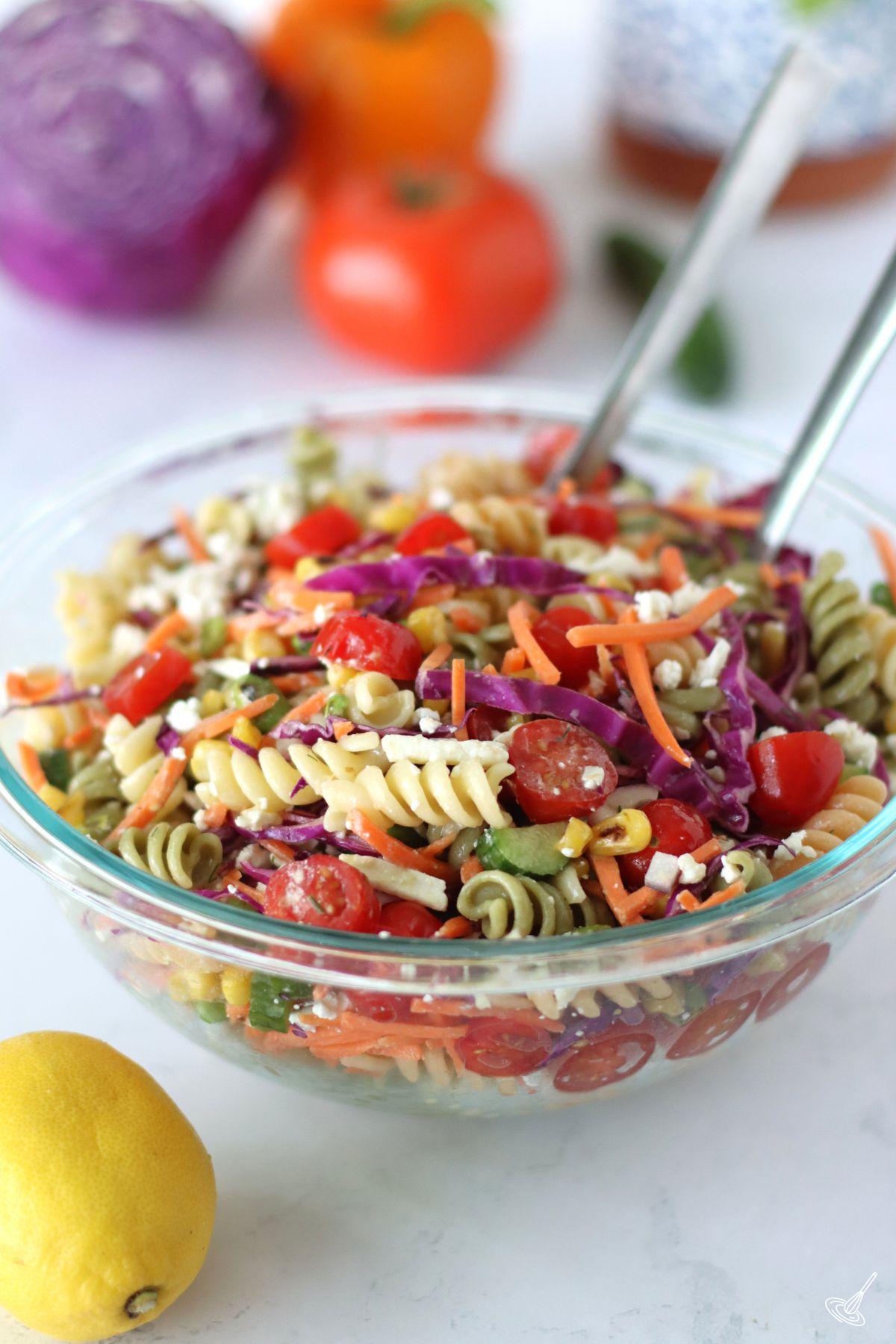 Rainbow Pasta Salad in a serving bowl.