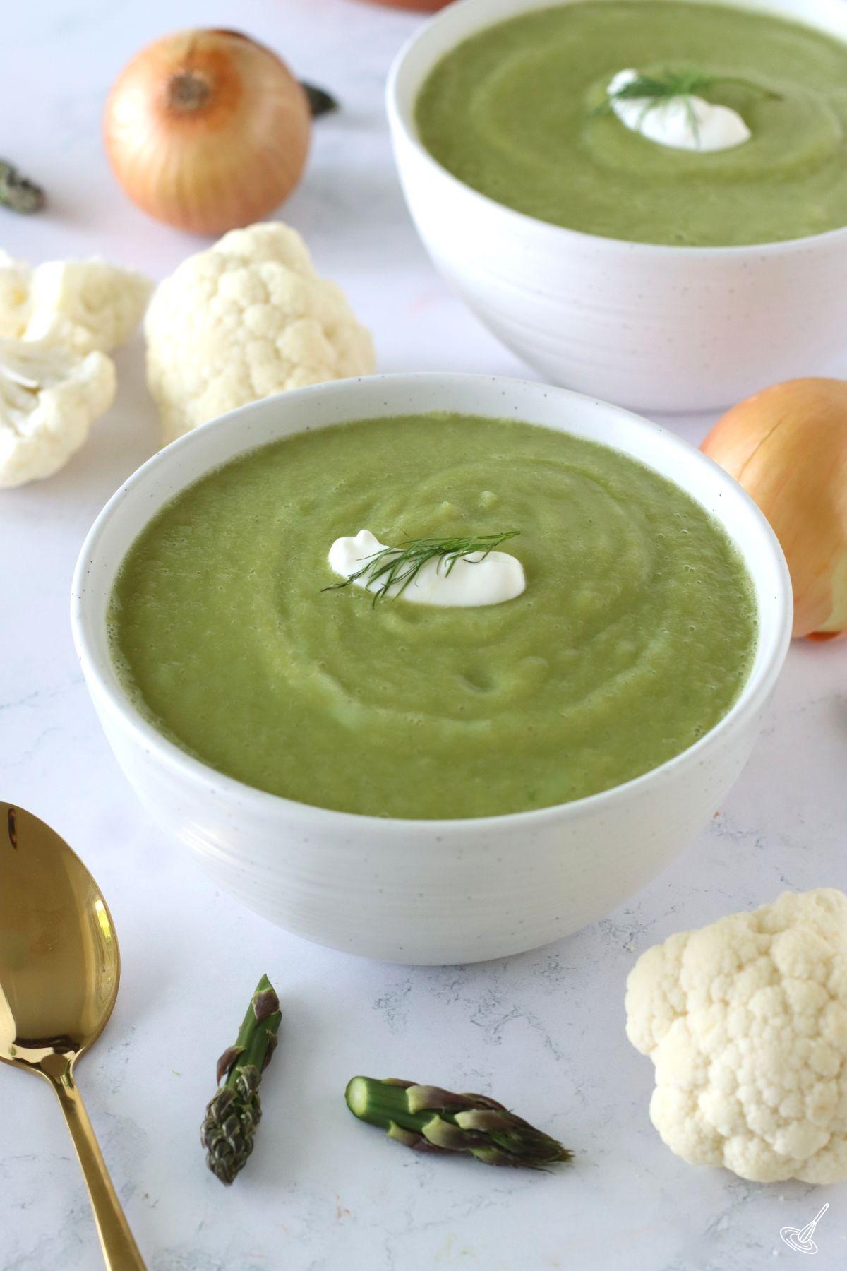 A bowl of Cauliflower Asparagus Soup. 