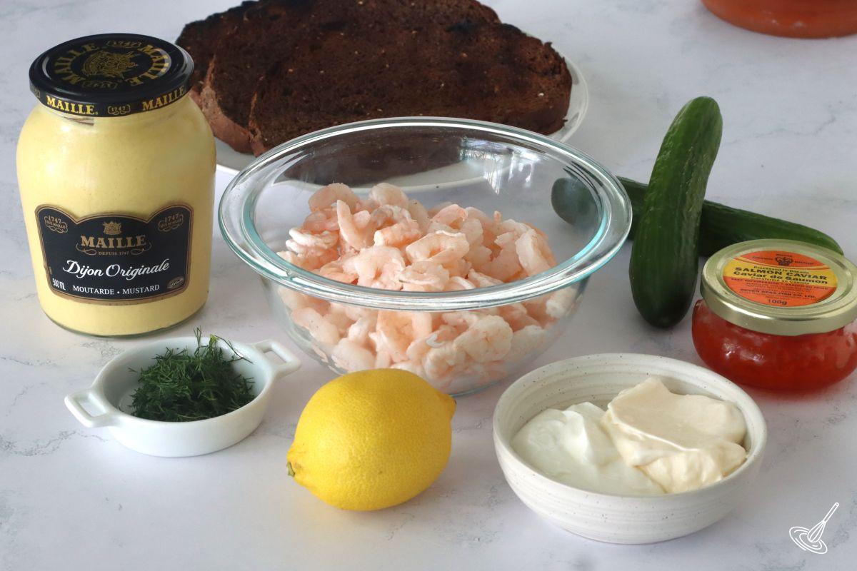 Ingredients to make Swedish Shrimp Salad, including shrimp, dill, Dijon, mayo. 