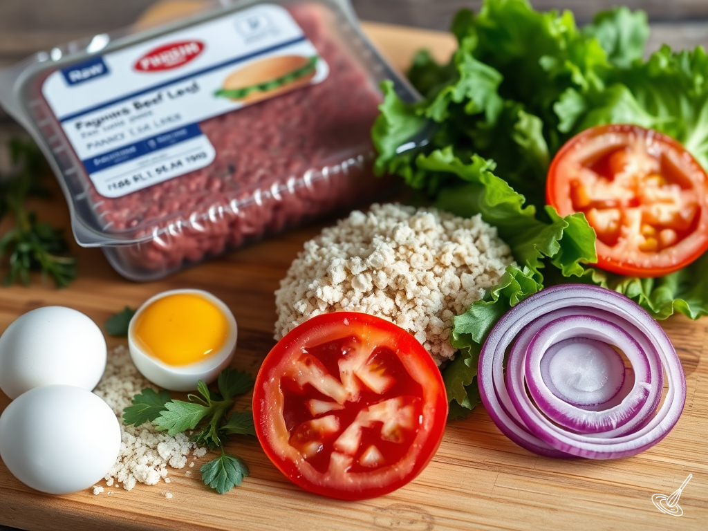 Ingredients to make hamburgers including ground beef, panko crumbs, tomatoes, onion, and egg.