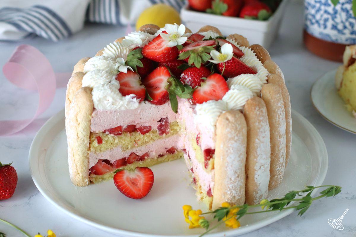 Strawberry Lemon Charlotte Cake on a platter.