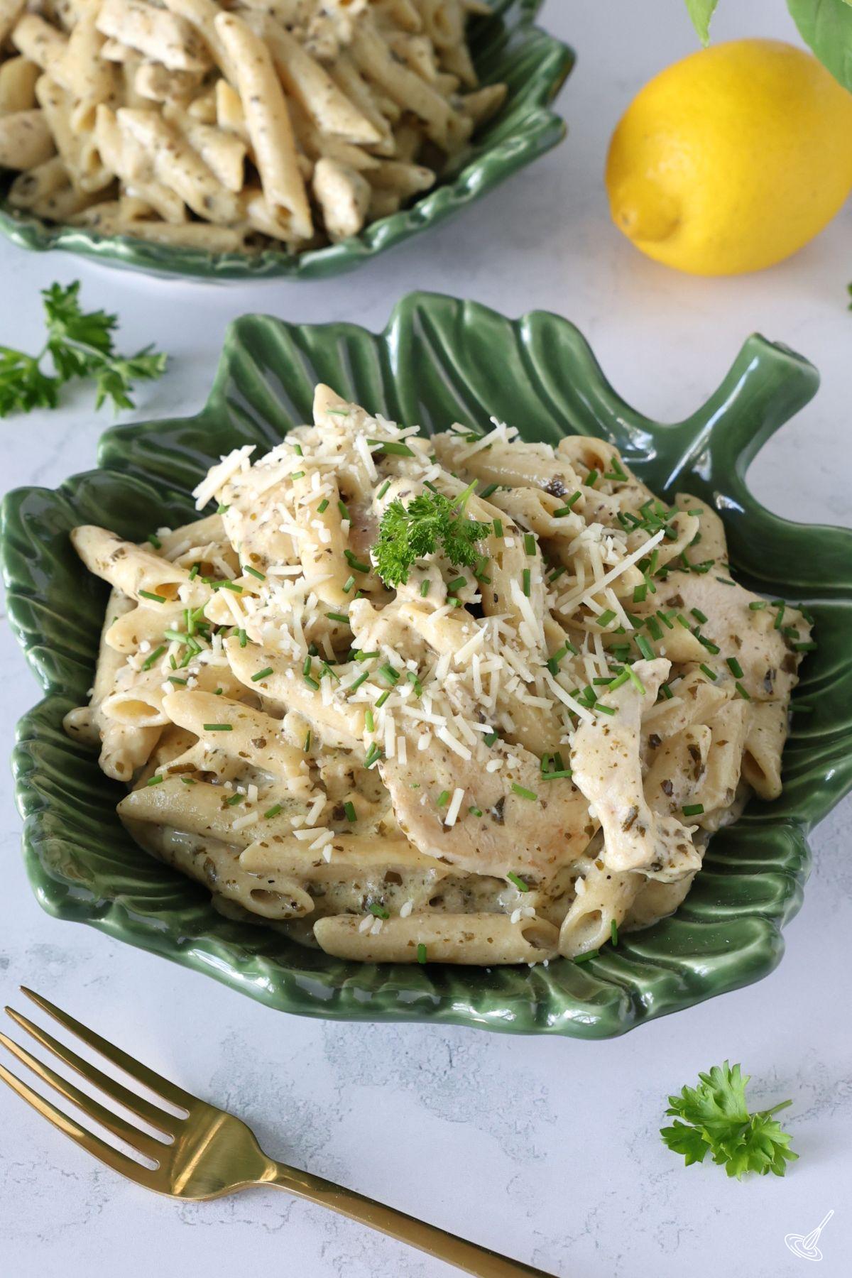 Chicken Alfredo Pesto Pasta in a bowl.