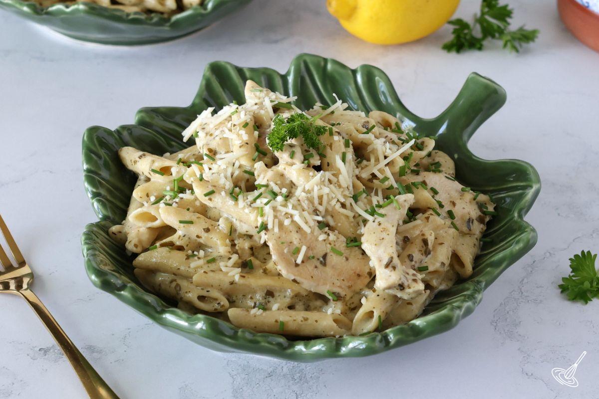 Chicken Alfredo Pesto Pasta in a bowl.