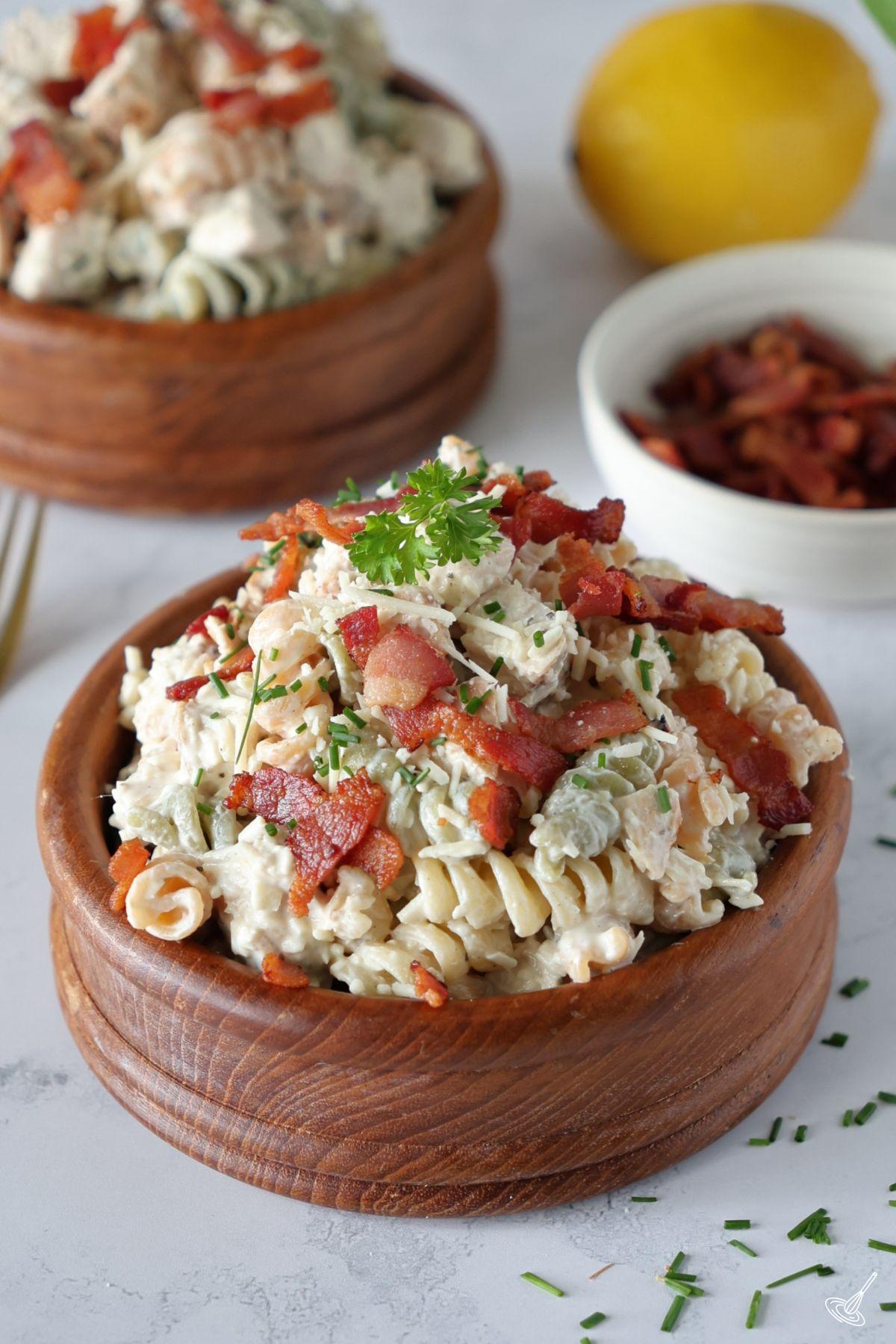 Chicken Caesar Pasta Salad Without Lettuce in a bowl.