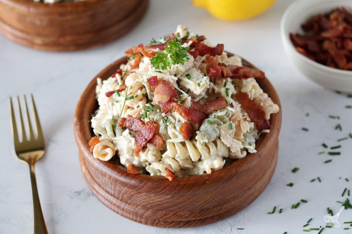 Chicken Caesar Pasta Salad Without Lettuce in a bowl.