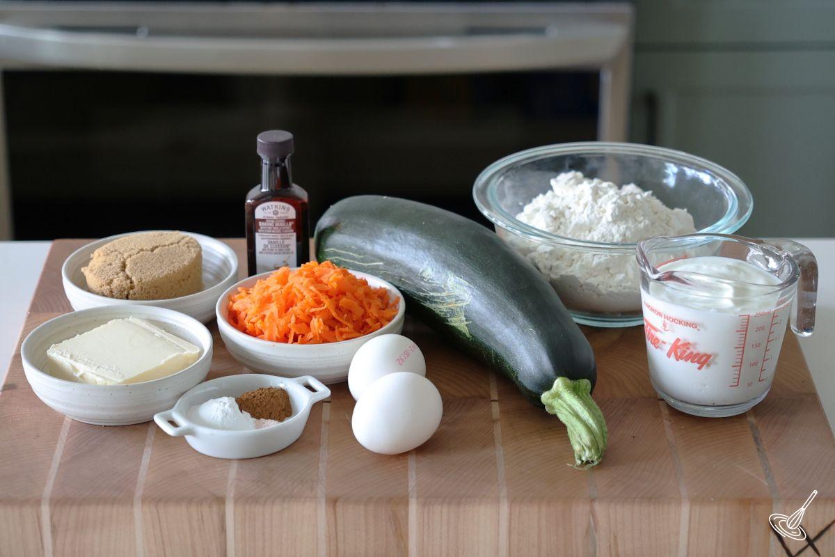 Ingredients on a cutting board to make muffins.