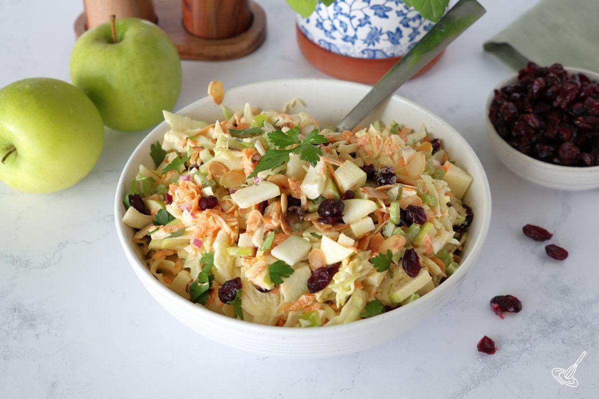 Apple Cranberry Coleslaw in a serving bowl. 