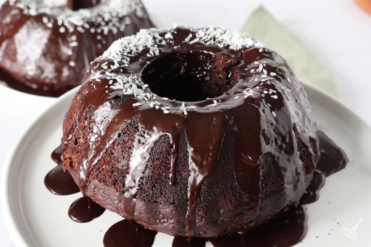 A Chocolate Zucchini Bundt cake on a plate. 