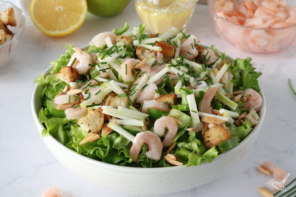 Apple Almond Shrimp Salad in a serving bowl. 
