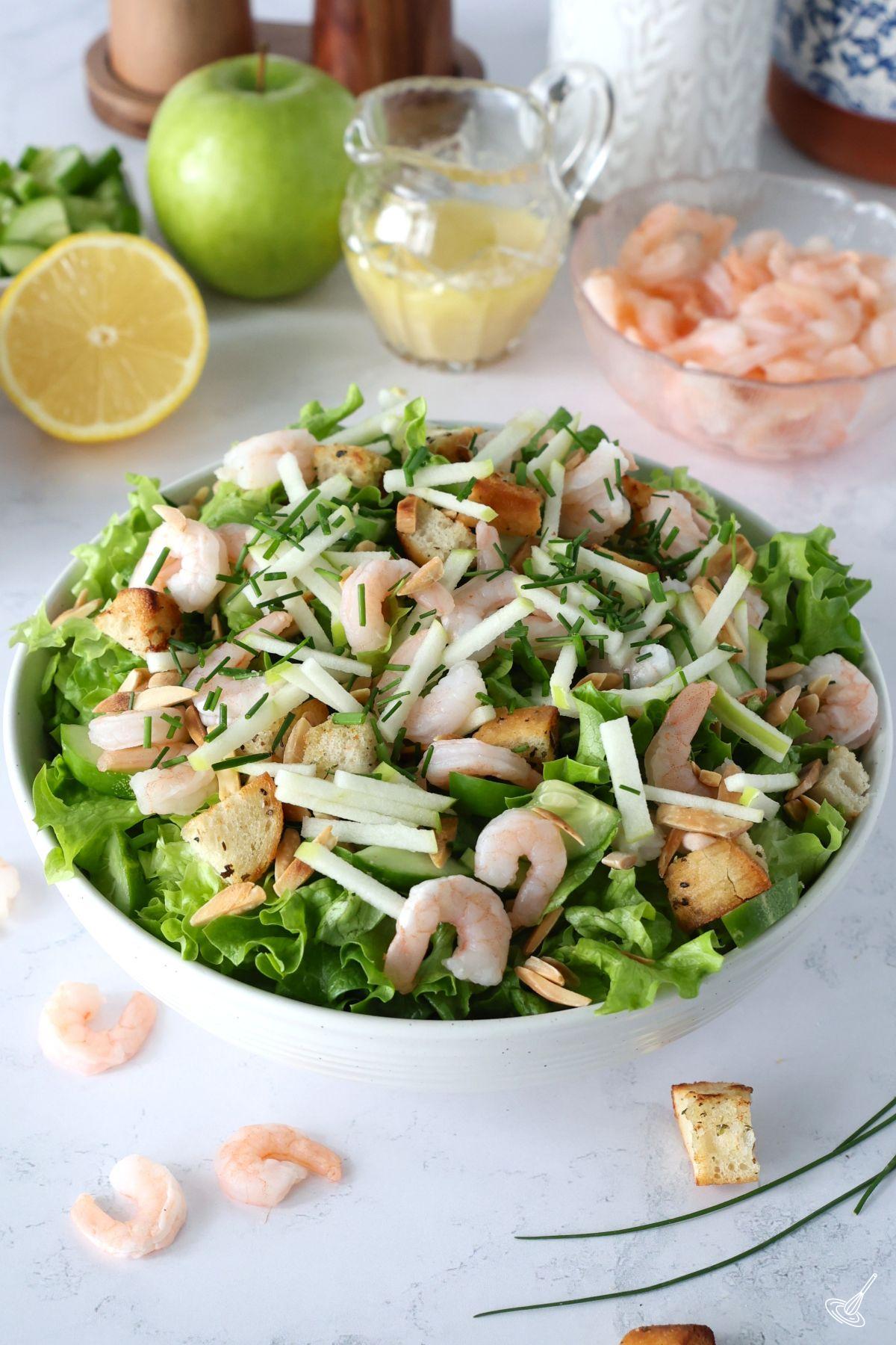 Apple Almond Shrimp Salad in a serving bowl. 