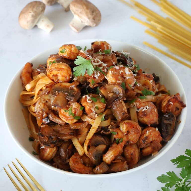 Shrimp Mushroom Pasta in a serving bowl.
