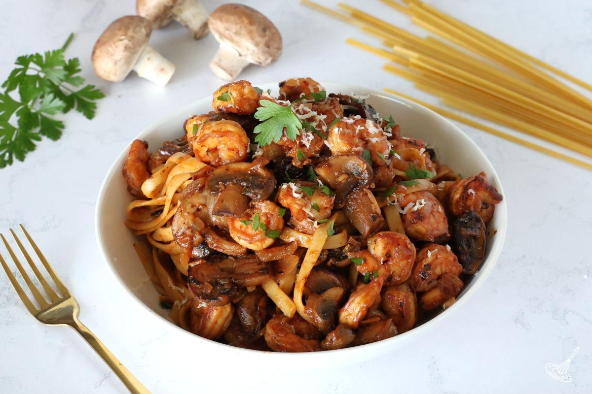 Shrimp Mushroom Pasta in a bowl.