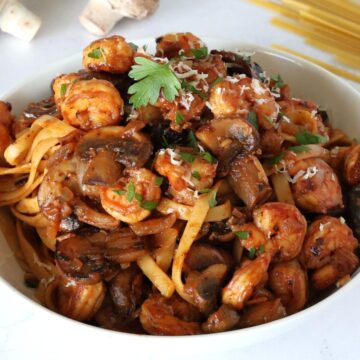 Shrimp Mushroom Pasta in a bowl.
