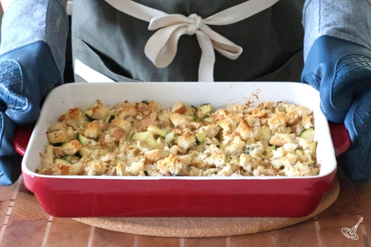A cooked Chicken and Zucchini Bake on the counter. 