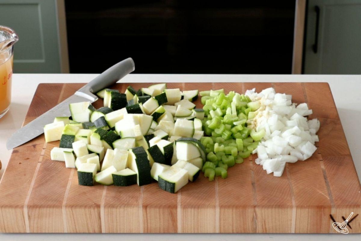 Chopped vegetables on a cutting board. 