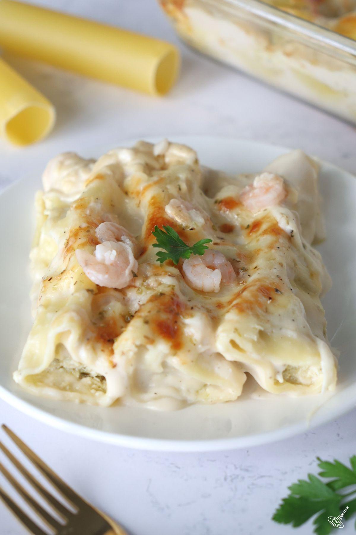 Seafood Cannelloni on a plate.