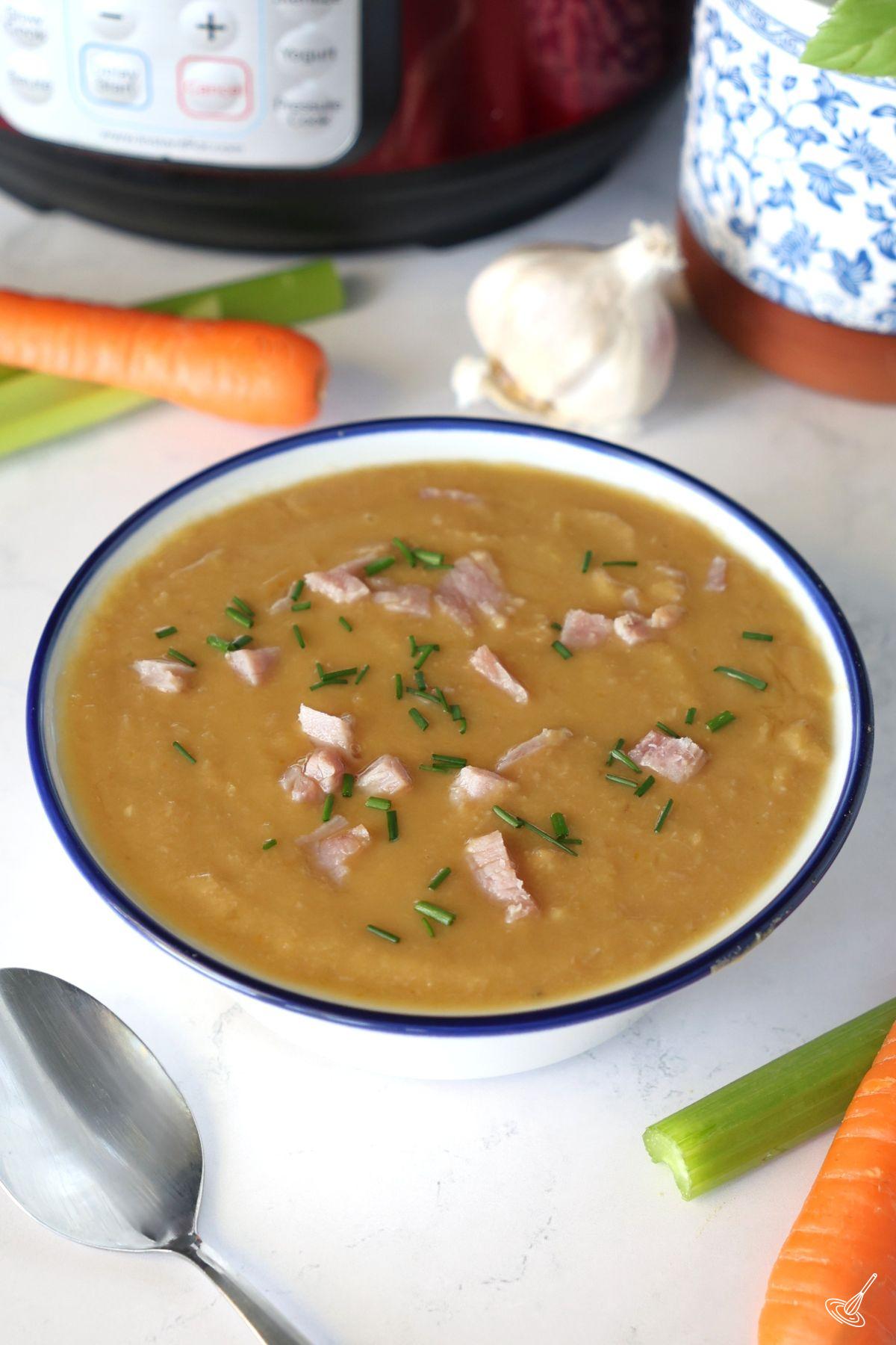 A bowl of Instant Pot Split Pea and Ham Soup.