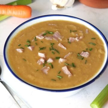 Instant Pot Split Pea and Ham Soup in a bowl.
