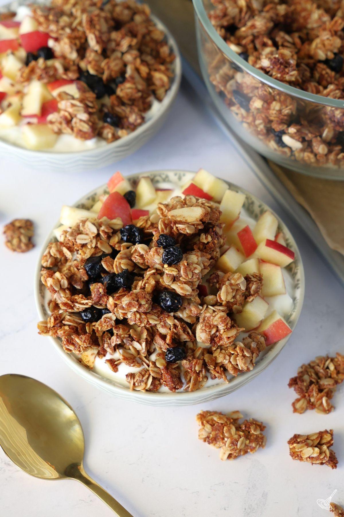Blueberry Flax Granola in a bowl over yogurt with diced apples.