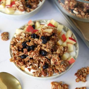 Blueberry Flax Granola in a bowl with yogurt.