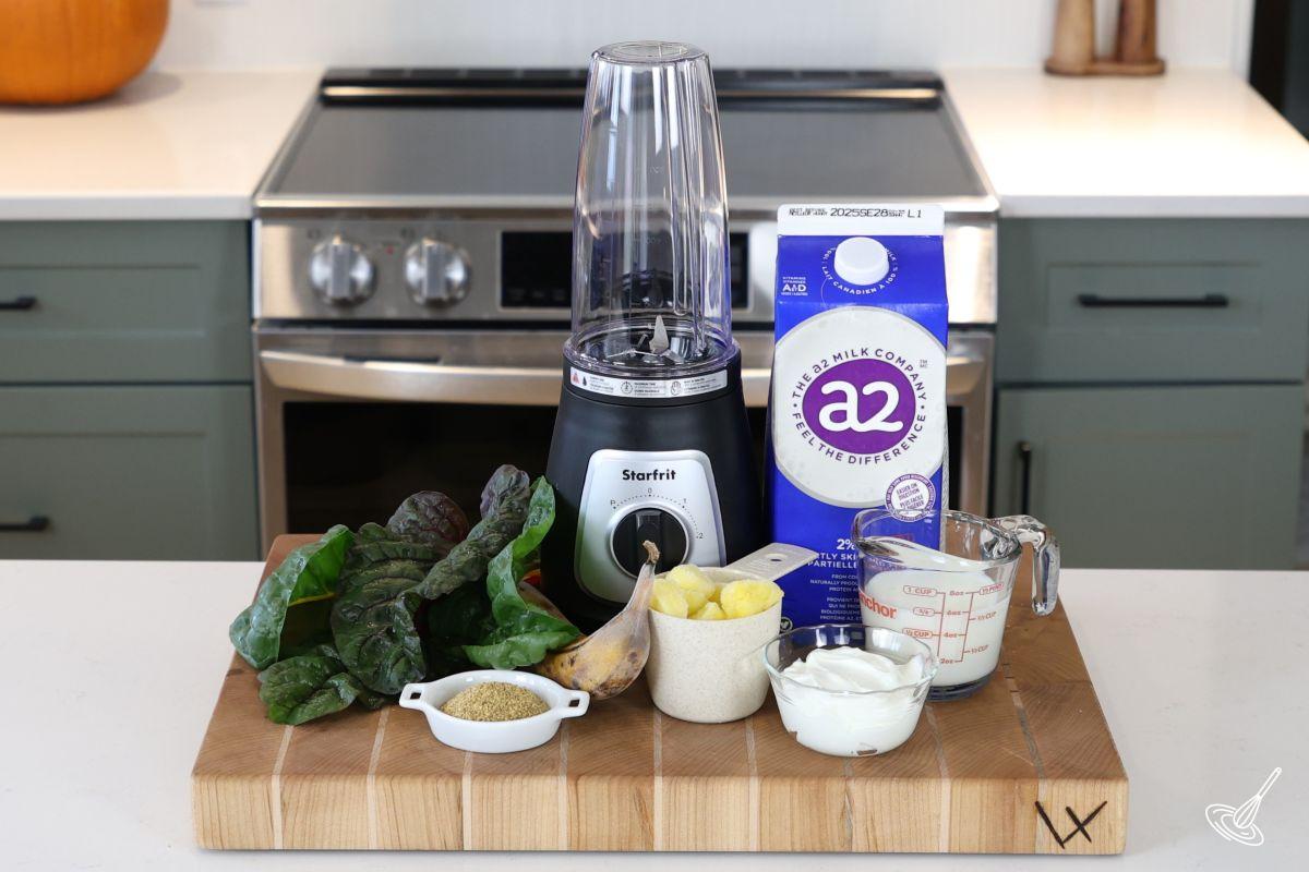 Ingredients to make Swiss chard smoothies including milk, pineapple and banana. 