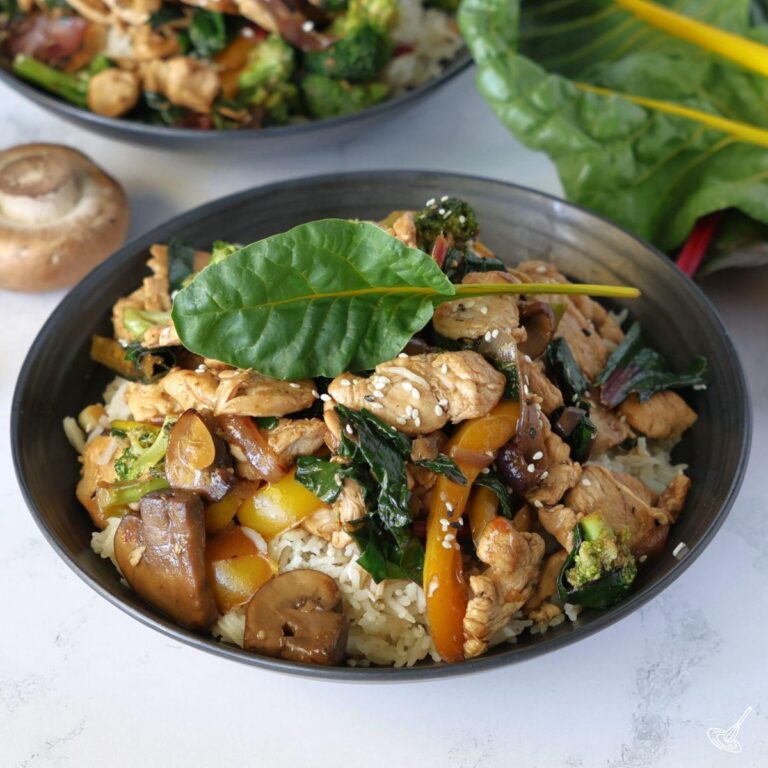 Chicken Stir Fry with Swiss Chard in a bowl.