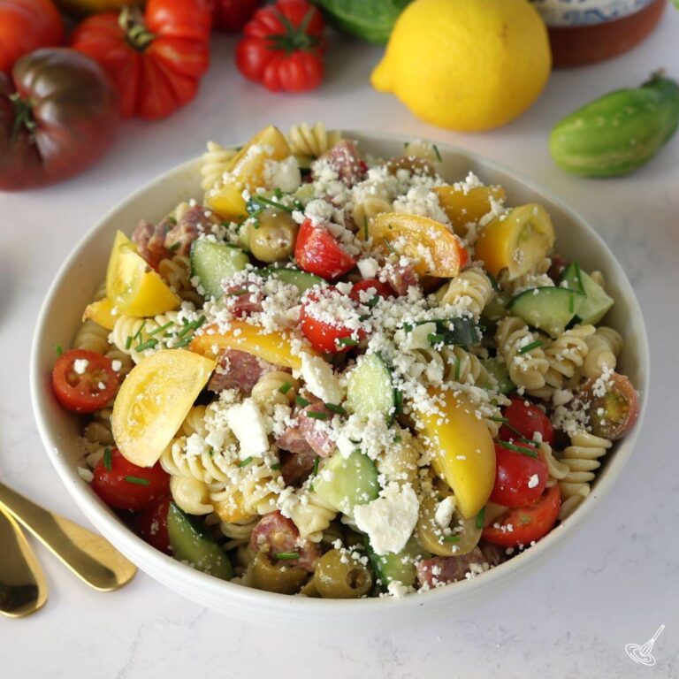 Cucumber Tomato Pasta Salad in a serving bowl.