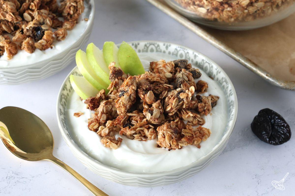 Nut free granola served over a bowl of yogurt. 