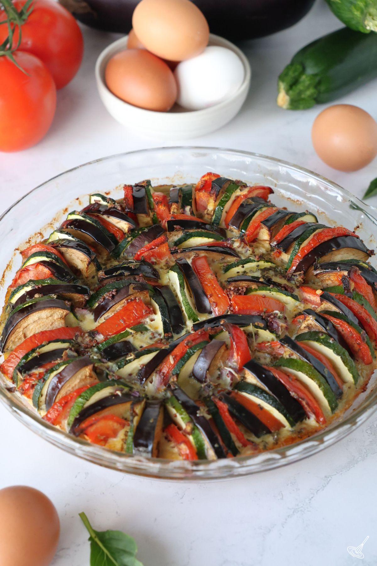 A baking dish of Ratatouille Egg Bake.