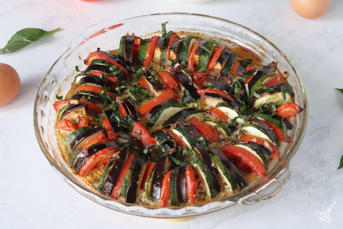 A baking dish of Ratatouille Egg Bake.