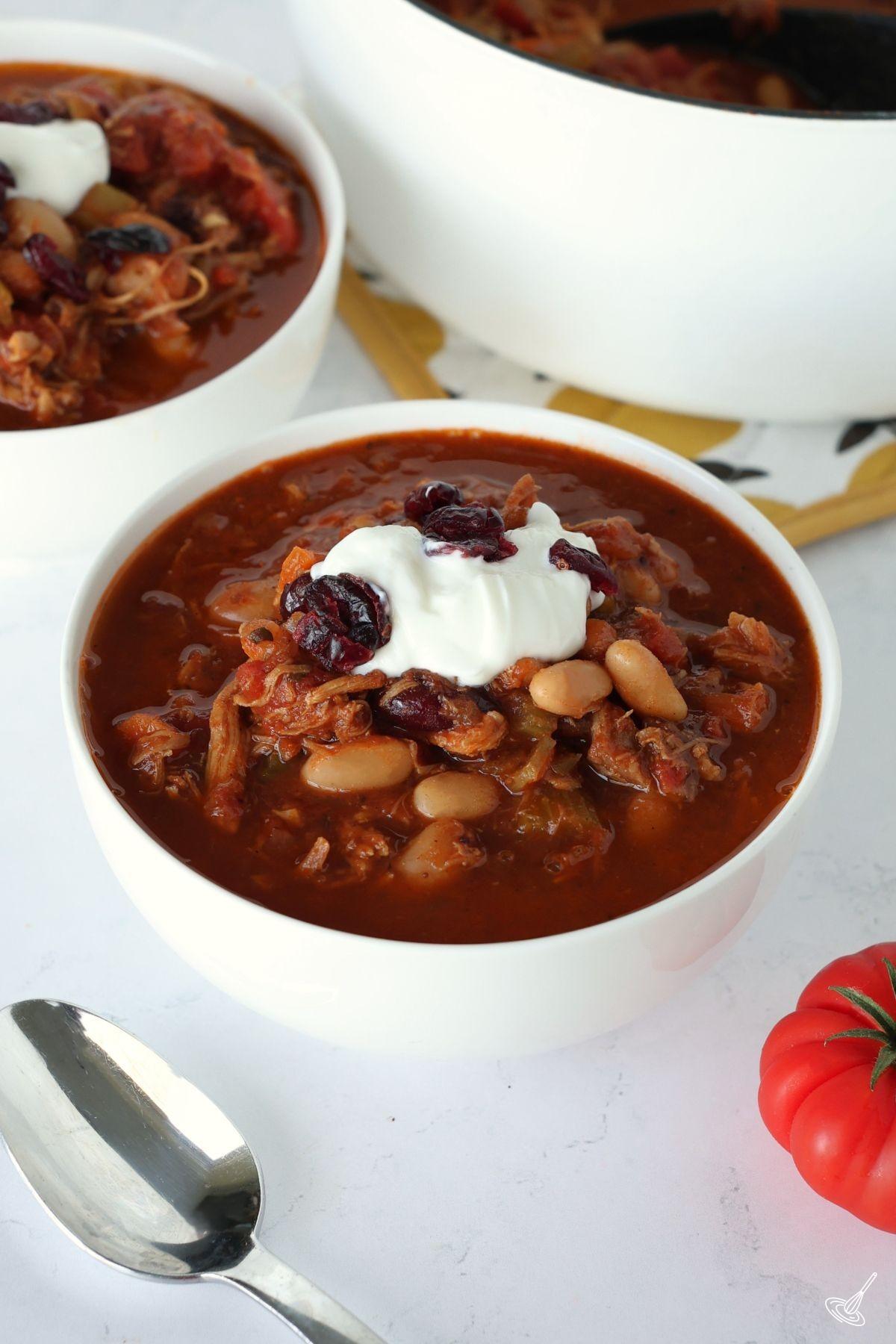 A bowl of Cranberry Turkey Chili.